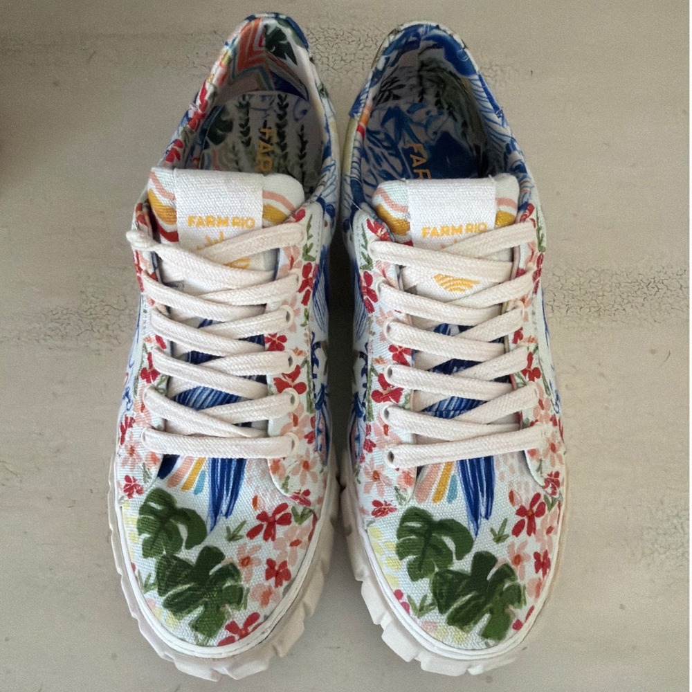 Farm Rio Women Sz 10 Tropical Floral Bird Canvas Platform Sneakers Multicolor - Picture 3 of 11